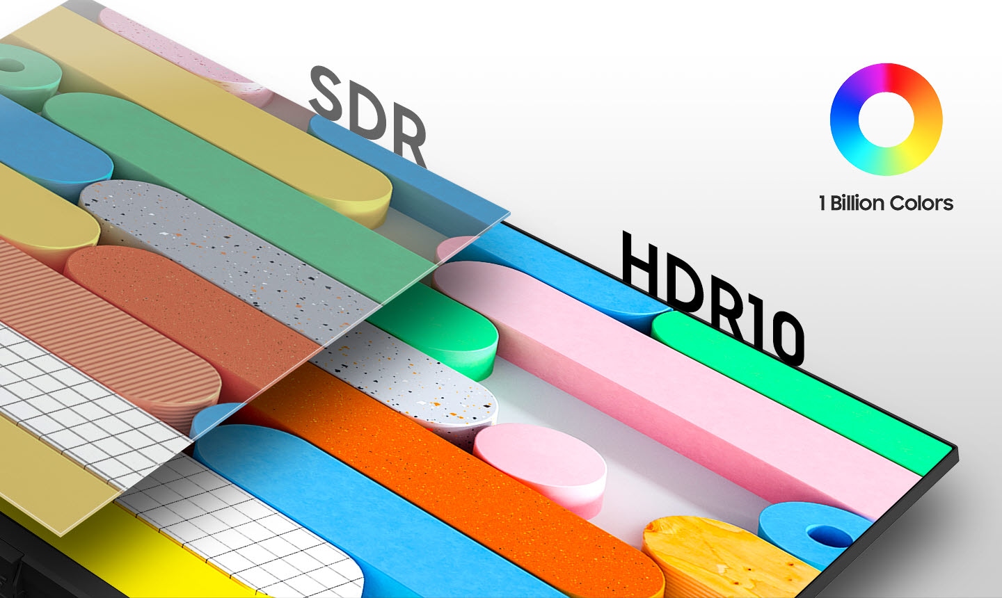 Comparing the SDR screen on the left and the HDR10 screen on the right There is 1 Billion colors icon at the top right