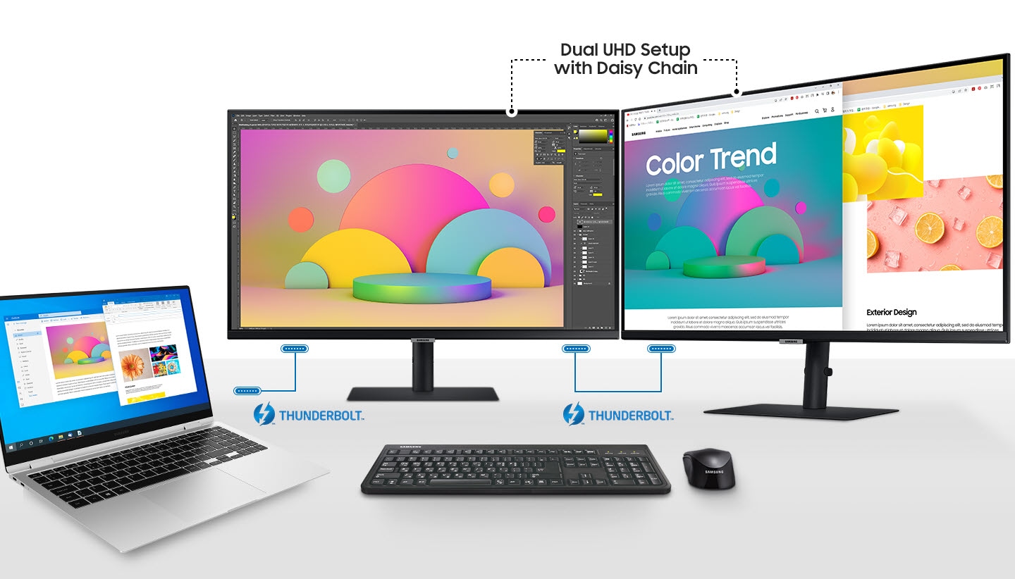 If you want to connect two monitors to your laptop you can use a single Thunderbolt Cable The monitor and monitor are connected via Thunderbolt and Dual UHD Setup with Daisy Chain