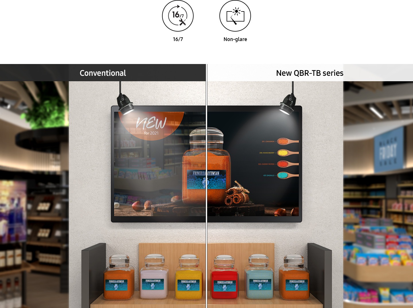 Le luci illuminano il QB24R-TB (a destra) e un dispositivo convenzionale (a sinistra). Si verifica un abbagliamento a sinistra, ma il lato destro è limpido.