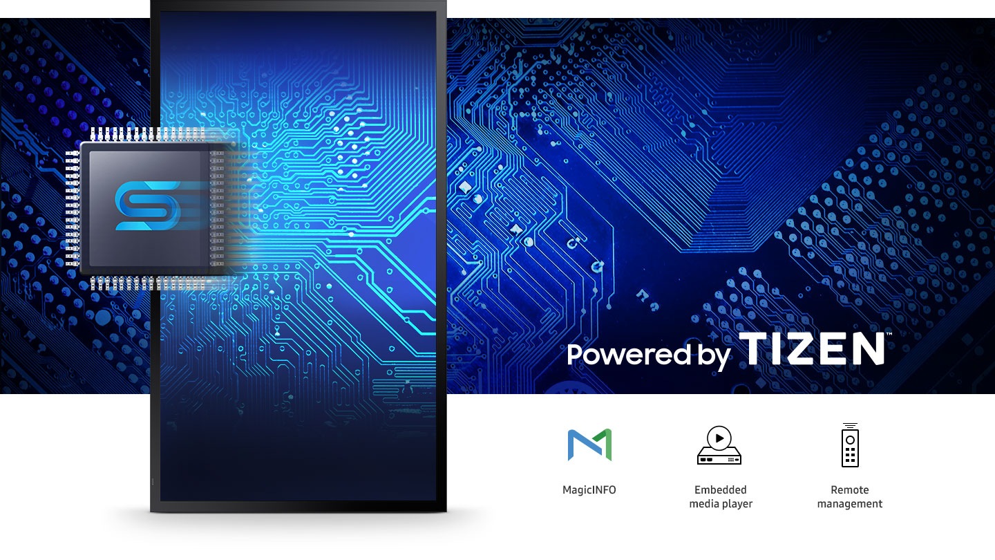 До OH46B има икони MagicINFO, вграден медиен плейър и дистанционно управление с логото Powered by Tizen.