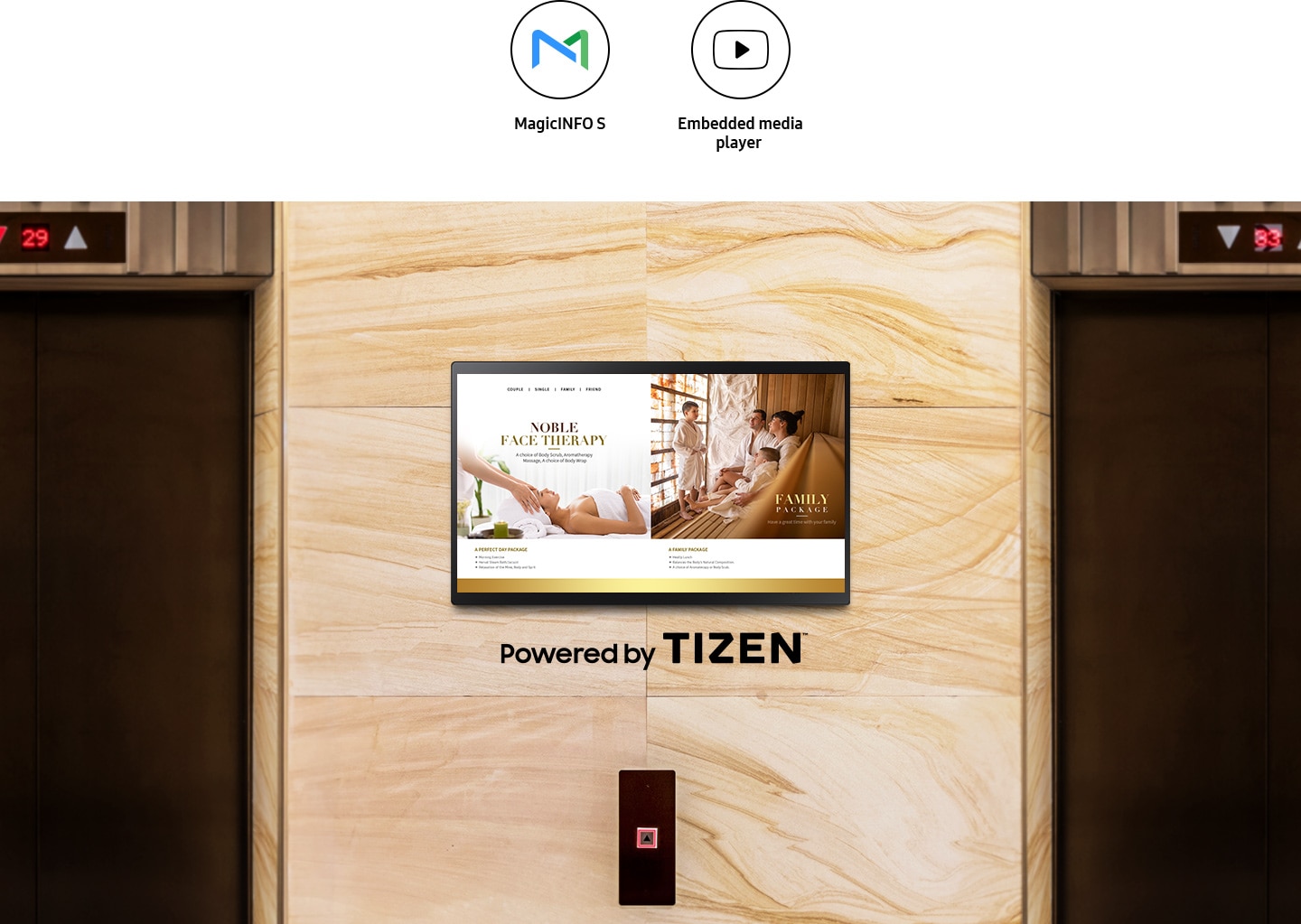 QB24R-TB се монтира на стена между два асансьора. Лого на Tizen, икони на MagicINFO S и Embedded media player са по-горе.