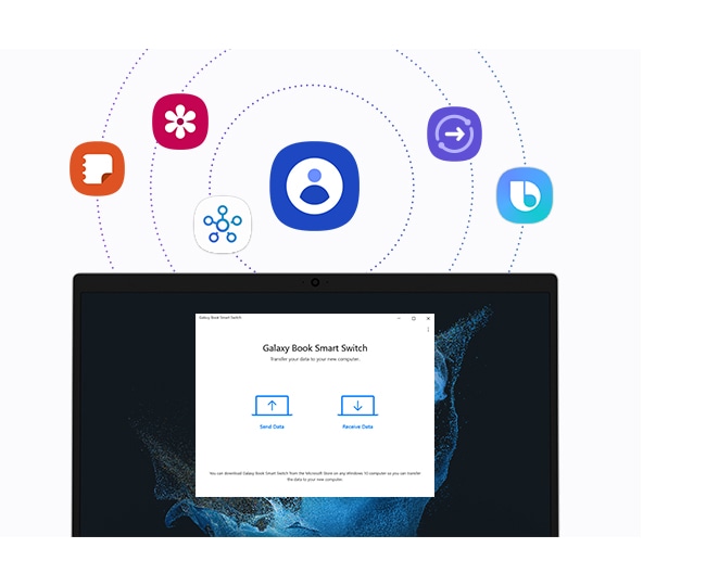Galaxy Book Smart Switch is running on a Galaxy Book2 Go. There are two icons of a PC on the screen, each with an upward and downward arrow with the texts, Send Data and Receive Data. Above the Smart Switch screen are several Galaxy app icons such as Contacts, Samsung Notes, Samsung Gallery, SmartThings, Quick Share, and Bixby that users can access all at once through Single Sign-On.