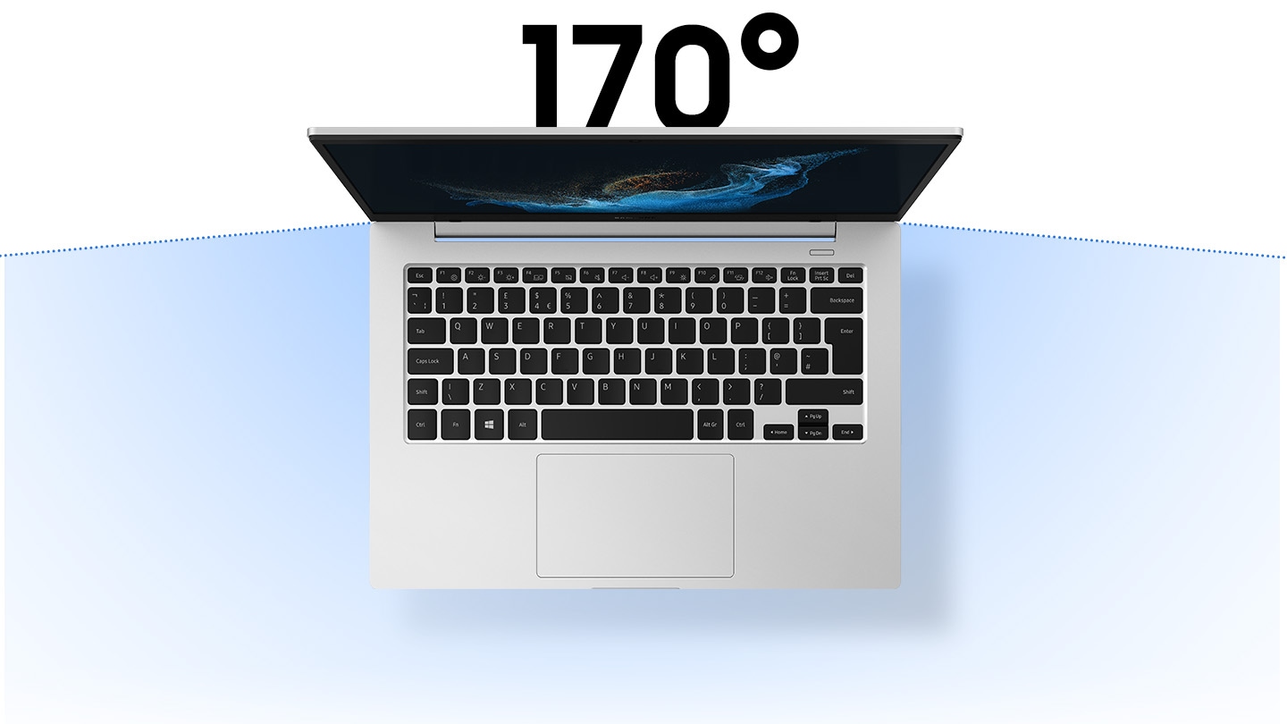 Galaxy Book2 Go standing upright is seen from the top. Behind the screen, a text 170 degree is shown and in the front side, a viewable area represents wide viewing experience.