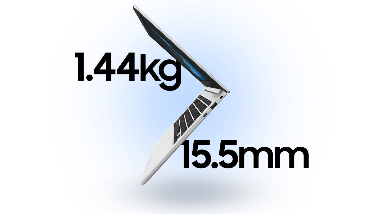 Galaxy Book2 Go is floating in the air open. Texts 1.44kg and 15.5mm are shown around the laptop to show its weight and thickness.
