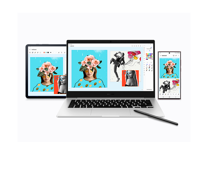 A Galaxy Book2 Go is in the center with a Galaxy Tab S8 to its left and a Galaxy S22 Ultra to its right. All three devices have Samsung Notes open with the same drawing. In the drawing, there is a woman with a flower crown, another woman in heels holding balloons, and a third woman smiling. Below the Galaxy Book2 Go is an S Pen.