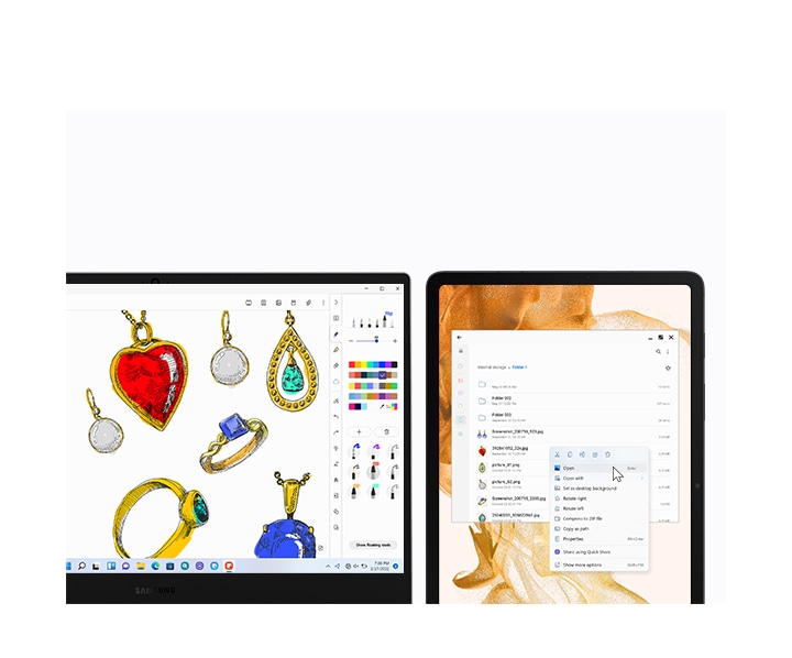 Galaxy Book2 Go and Galaxy Tab S8 are next to each other. There are sketches of various jewelries on the PC using Samsung Notes app. On the tablet to its right, a list of image files is in a folder. A mouse cursor is on the Open button.