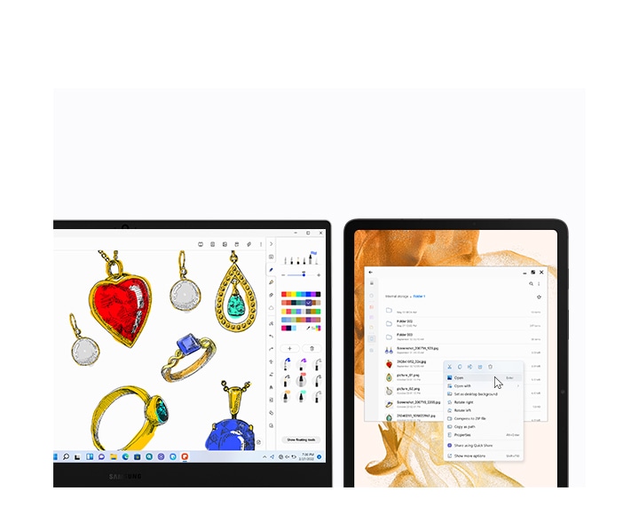 Le Galaxy Book2 Go et la Galaxy Tab S8 sont côte à côte. Il existe des croquis de divers bijoux sur le PC à l'aide de l'application Samsung Notes. Sur la tablette à sa droite, une liste de fichiers image se trouve dans un dossier. Un curseur de souris se trouve sur le bouton Ouvrir.