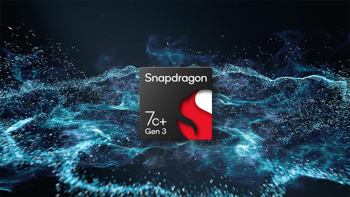 La puce Snapdragon® 7c+ Gen 3 est affichée au centre avec des vagues de flux de données en arrière-plan.
