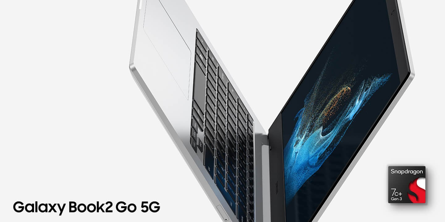 Galaxy Book2 Go 5G is at the center, half open in a V shape position showcasing its design. At the bottom is the Snapdragon 7c+ Gen 3 chipset.