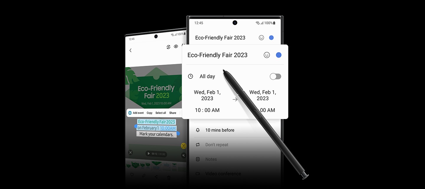 Dos teléfonos Galaxy S23 Ultra vistos desde el frente. En un dispositivo, aparece en la pantalla una invitación electrónica a la Feria Ecológica 2023. En el otro dispositivo, un S Pen se sitúa sobre la aplicación Calendario, que recopiló la información del evento resaltado de la invitación electrónica y creó una nueva entrada en el Calendario con ella.