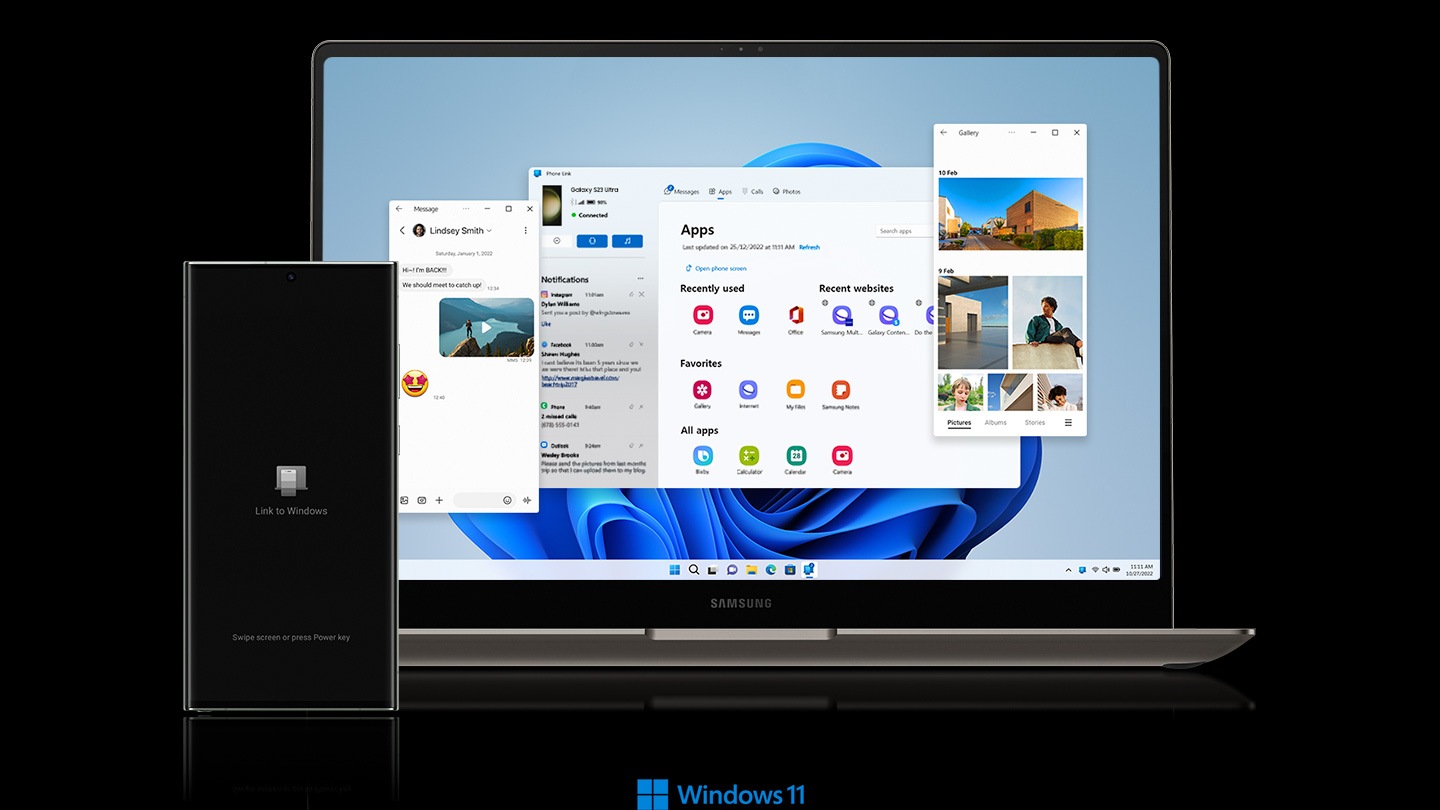 El enlace a Windows está abierto en un Galaxy S23 Ultra. Al lado, se abren varias ventanas en la pantalla de un portátil. Son todos archivos y aplicaciones del teléfono inteligente, incluidos mensajes de texto, aplicaciones instaladas y la galería de fotos del teléfono. Logotipo de Windows 11.