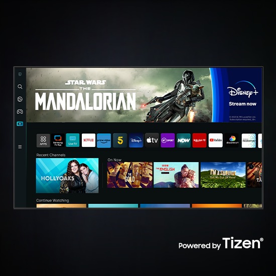 The new Smart Hub UI powered by Tizen is displayed to show a wide variety of OTT services and content being serviced.