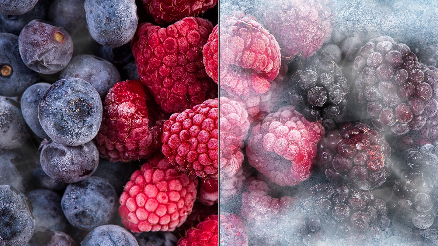 The blueberries and raspberries on the left is frost-free and looks fresh. The blueberries and raspberries on the right are frozen.