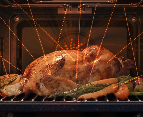 Shows a turkey and vegetables being cooked quickly and thoroughly using the oven’s “stirrer” microwave, and browned by the convection system.