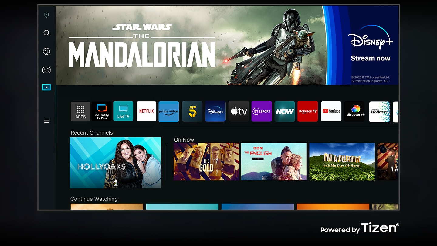 The new Smart Hub UI powered by Tizen is displayed to show a wide variety of OTT services and content being serviced. 