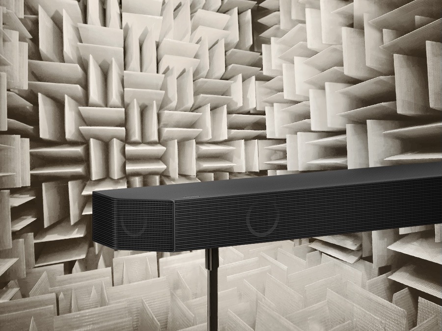 A close up of Samsung Soundbar in an anechoic chamber used to test each aspect of the Soundbar.