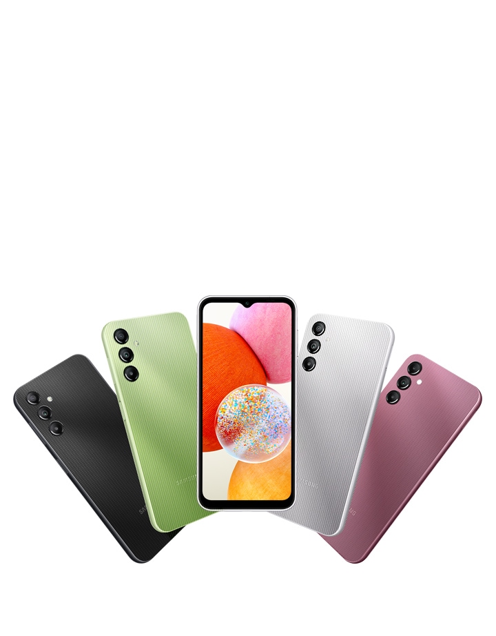 Five Galaxy A14 devices are shown to showcase the availability of various color options. Four of them are back-facing to show their colors from Black, Light Green, Silver, and Dark Red. The other front-facing device is positioned in the middle with colorful balls being displayed on its screen.