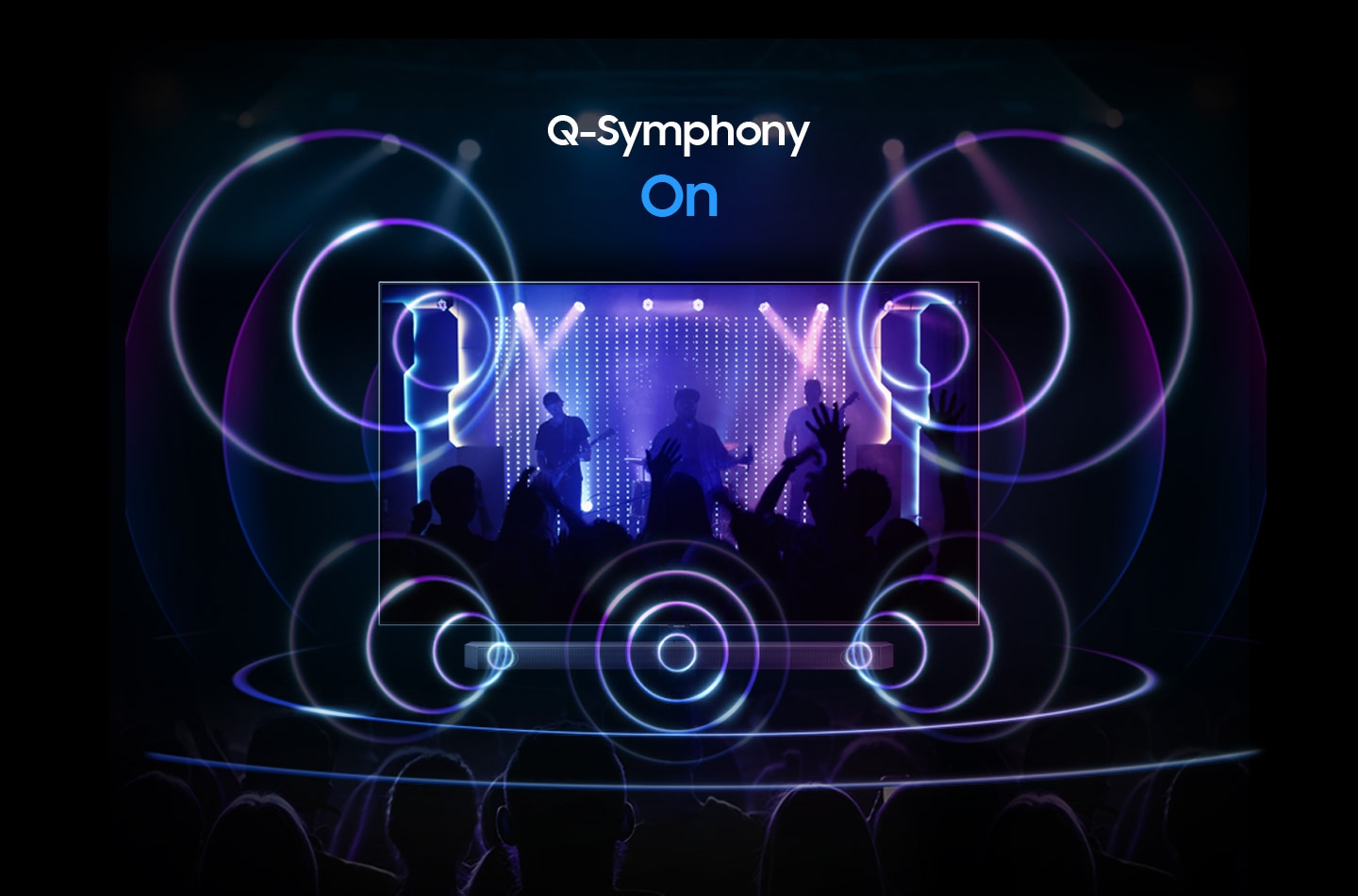 Seul le son de la barre de son est activé lorsque Q-Symphony est désactivé.  Le son du téléviseur et de la barre de son est activé simultanément lorsque Q-Symphony est activé.