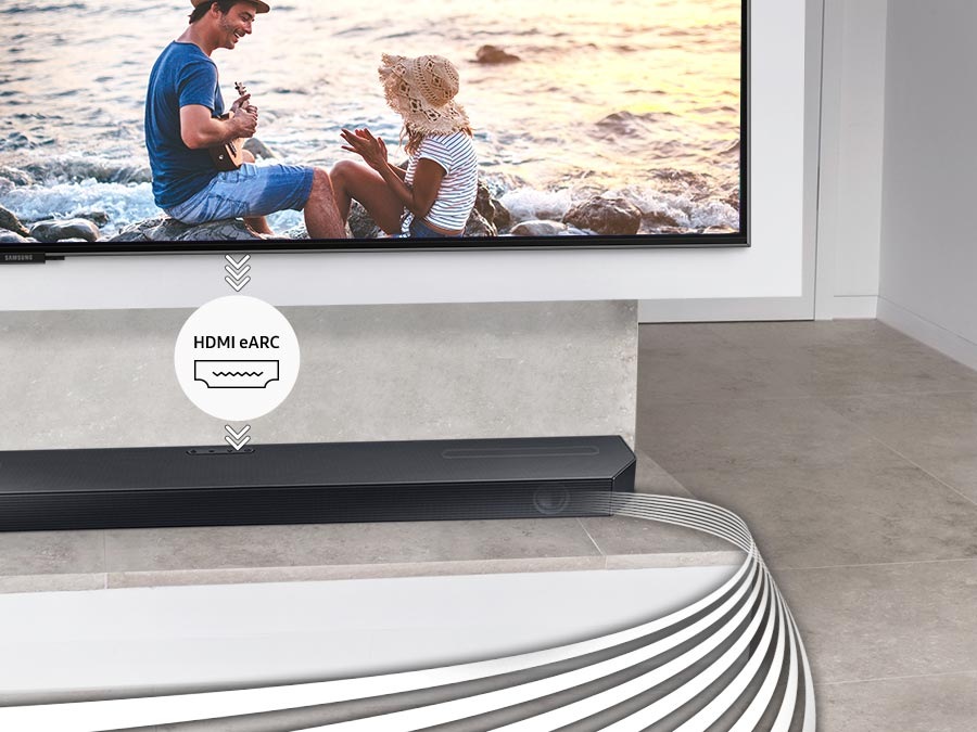Інфографіка HDMI eARC між телевізором та саундбаром показує, як звукові хвилі відтворюються через саундбар за допомогою пристроїв, підключених до телевізора.