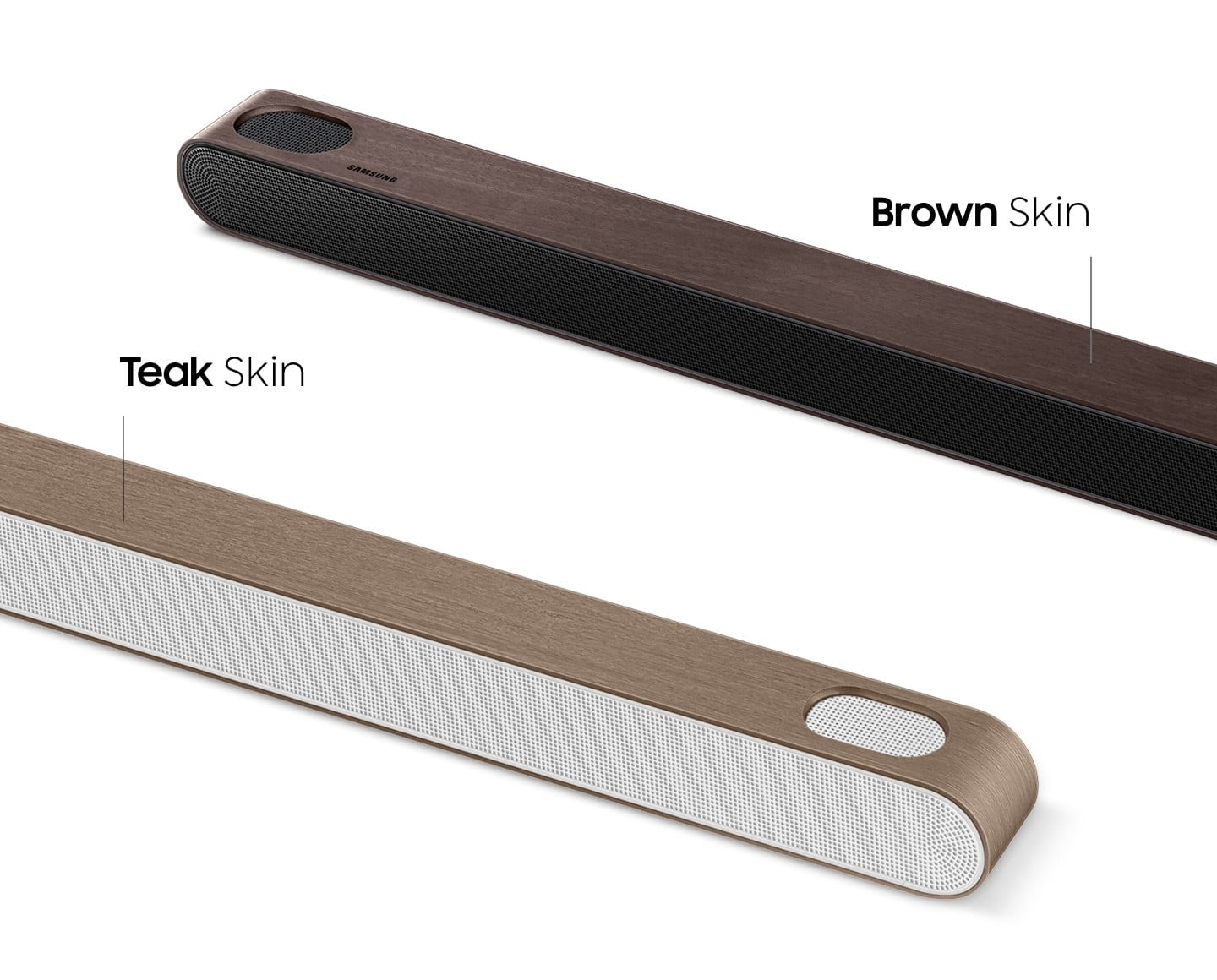 An Ultra Slim Soundbar wrapped in Teak Skin and Brown Skin are on display, respectively.