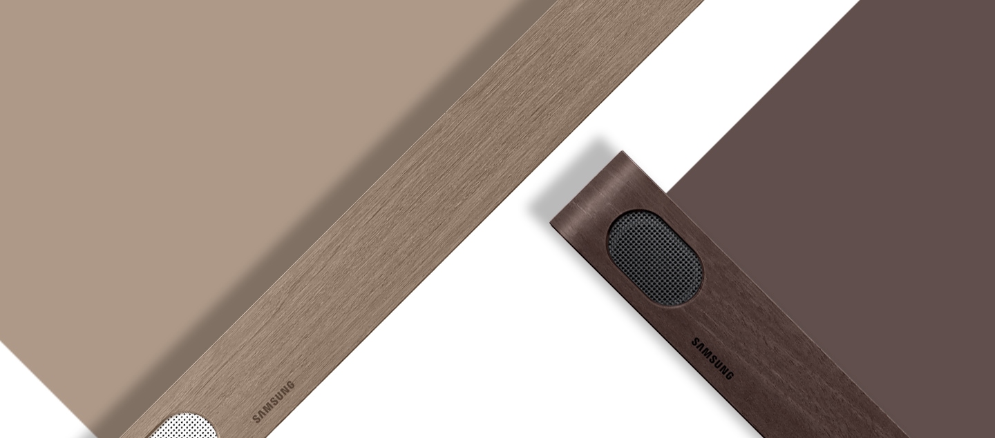 2 Ultra Slim Soundbars are on display wrapped in teak and brown skins, respectively.