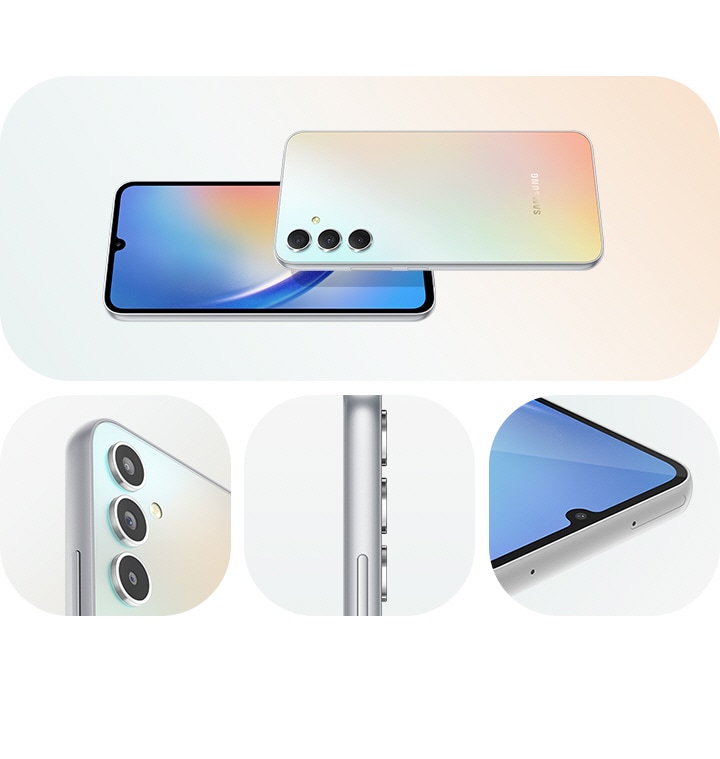2. The Galaxy A34 5G's design is shown with devices in Awesome Silver. The front and backsides are shown, along with more close-up shots of the backside multi-camera system, the side, and front camera.