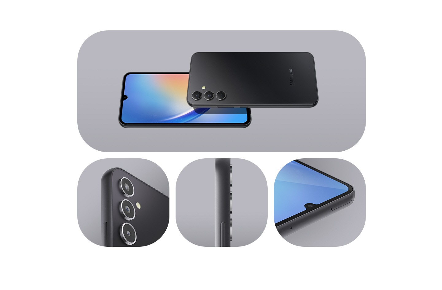 4. Thiết kế của Galaxy A34 5G được hiển thị với các thiết bị trong Graphite tuyệt vời. Mặt trước và mặt sau được hiển thị, cùng với các bức ảnh cận cảnh hơn của hệ thống đa camera, bên và camera trước