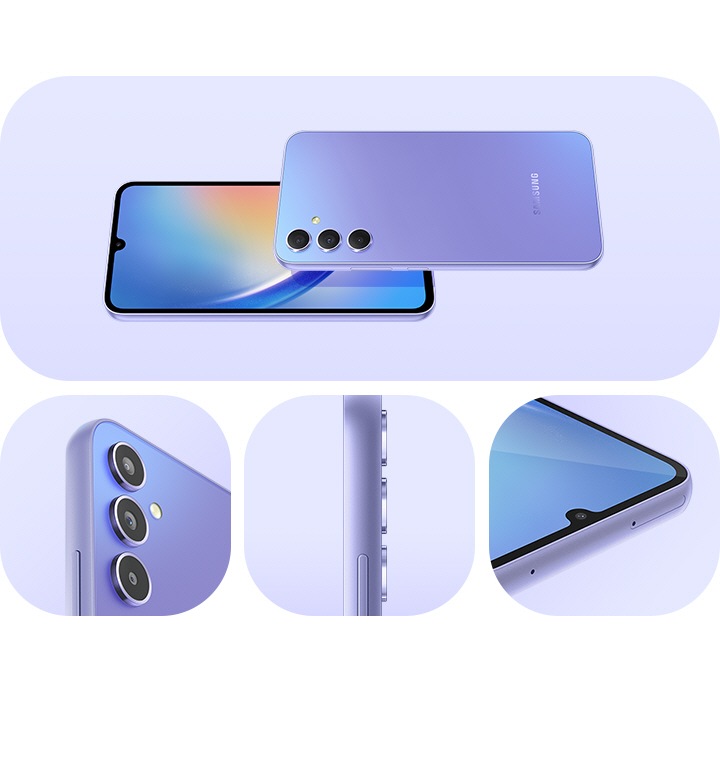 3. The Galaxy A34 5G's design is shown with devices in Awesome Violet. The front and backsides are shown, along with more close-up shots of the backside multi-camera system, the side, and front camera.