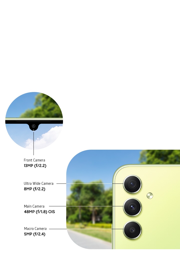 The front and back cameras of the Galaxy A34 5G in Awesome Lime are shown, including the 13MP F2.2 Front Camera, 8MP F2.2 Ultra Wide Camera, 48MP F1.8 OIS Main Camera and the 5MP F2.4 Macro Camera.