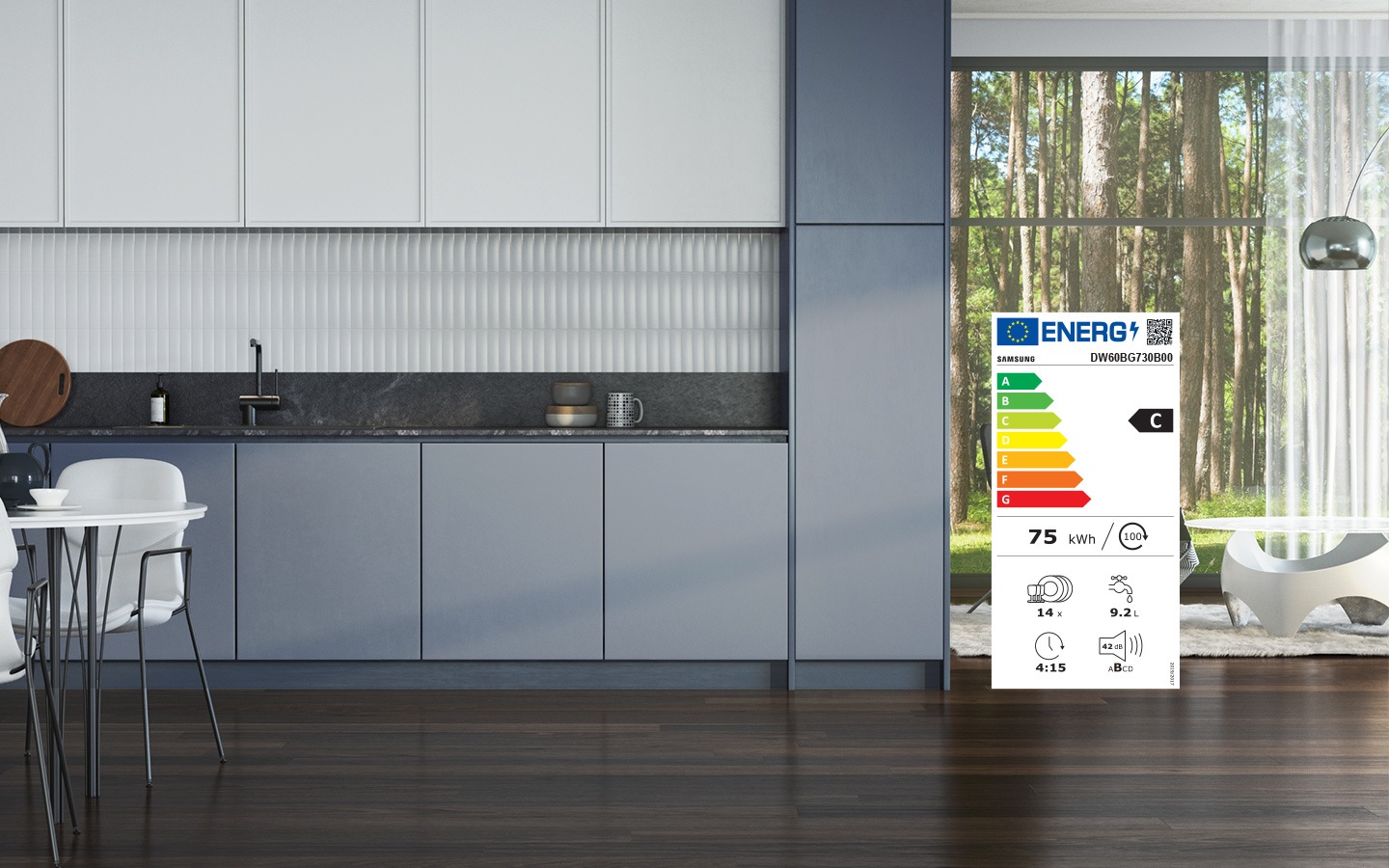 Shows the dishwasher's energy label, with its B rating and key performance data - 64 kWh for 100 cycles, 14x settings, 8.0L of water, 3:55 run time and B-level noise (40dB).