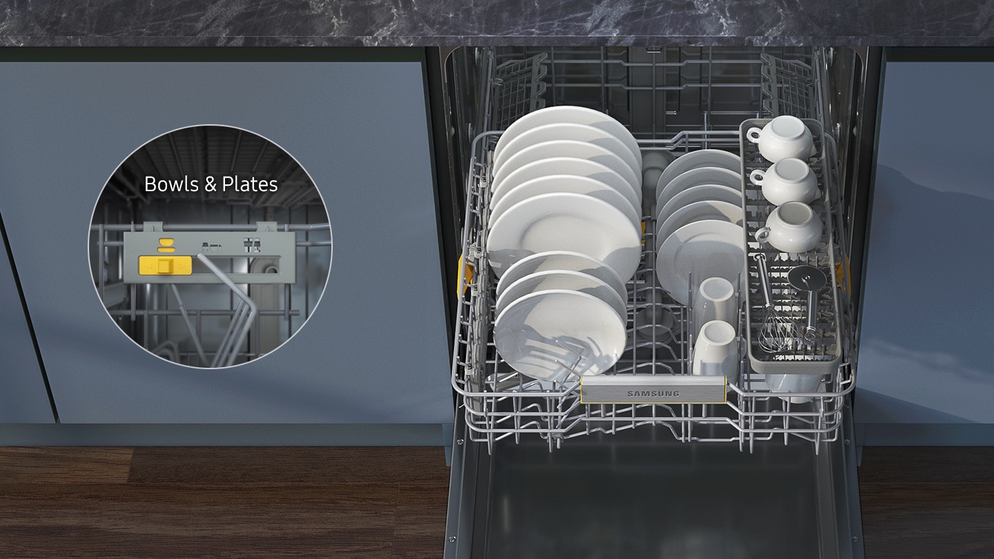 Shows the middle rack full of various sized cups, plates and bowls. A close up of the switch at the back of the rack shows that its tines have been automatically adjusted  to hold bowls and plates.