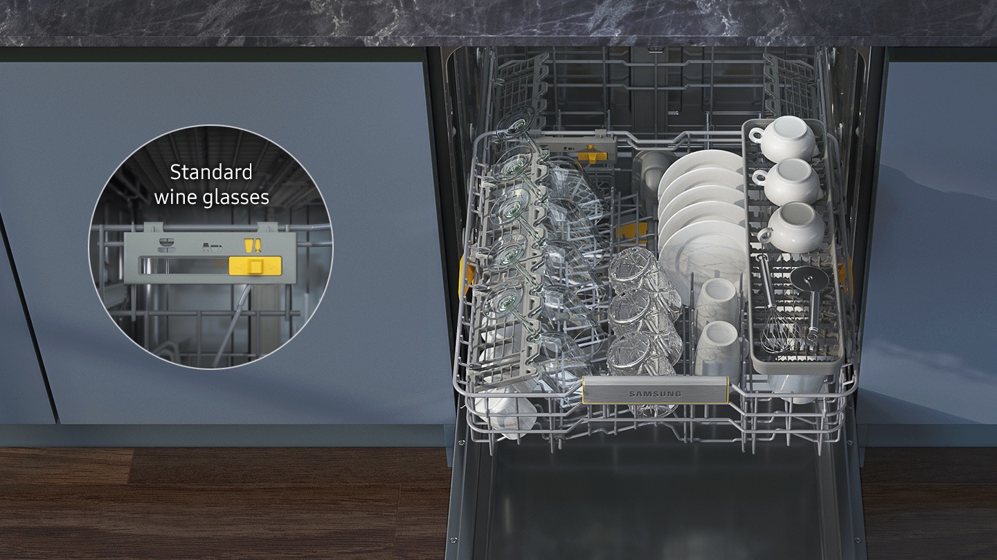 Shows the middle rack full of cups, plates and various sized glasses. A close up of the switch at the back of the rack shows that its tines have been automatically adjusted to hold standard wine glasses.