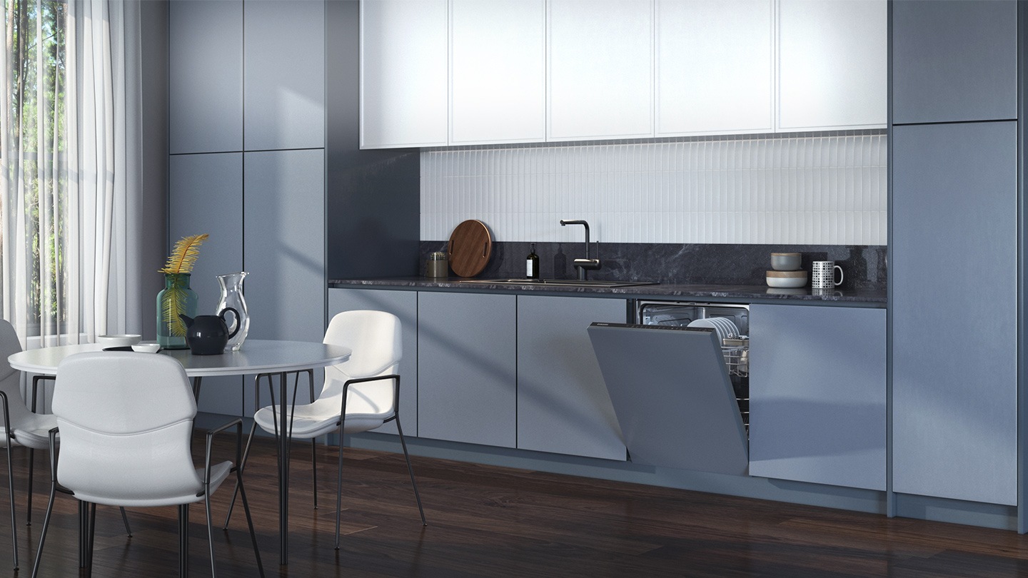 Shows how the dishwasher's Freestanding design fits neatly under the counter and complements the cabinets of a modern kitchen.