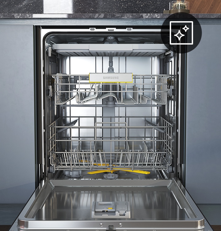 Shows the sparkling clean interior of the dishwasher after using the Machine Care function to remove dirt and odor-causing bacteria.