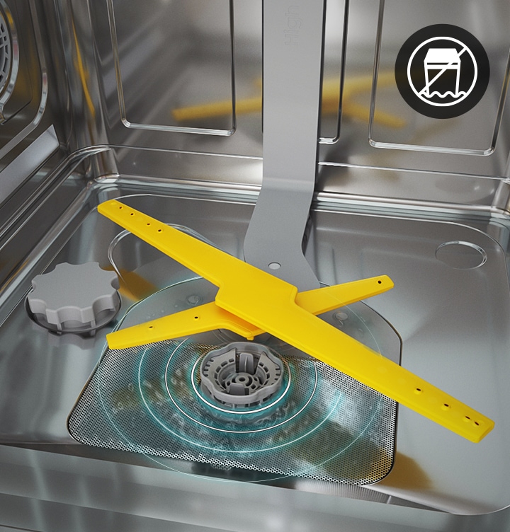 Shows the water drainage system inside the dishwasher to illustrate how Aqua Stop protects against leaks.