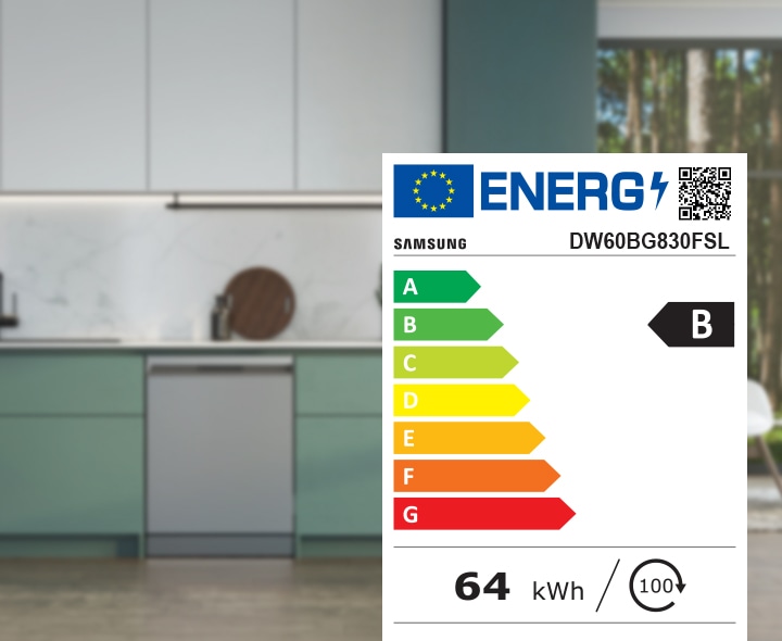 'Shows the dishwasher's energy label, with its B rating and key performance data - 64 kWh for 100 cycles, 14x settings, 8.0L of water, 3:55 run time and B-level noise (40dB).