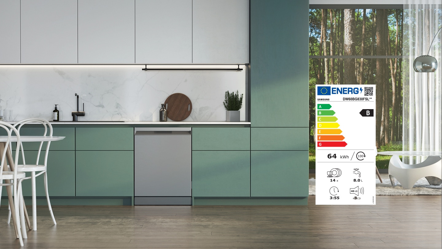 Mutatja a mosogatógép energiacímkéjét a B besorolással és a legfontosabb teljesítményadatokkal – 64 kWh 100 ciklushoz, 14x beállítás, 8,0 liter víz, 3:55 futási idő és B-szintű zaj (40 dB).