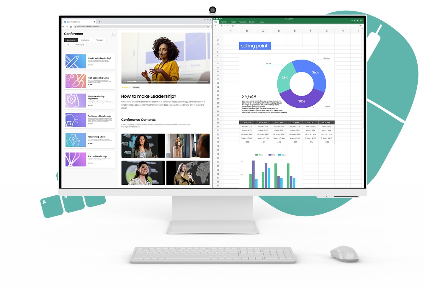 There is a Smart Monitor with shown on a web browser, connected with a desktop, and the desktop disappears. The screen is separated to two screen. On the left side of the screen, there is a web browser and on the right side, there is an Excel.