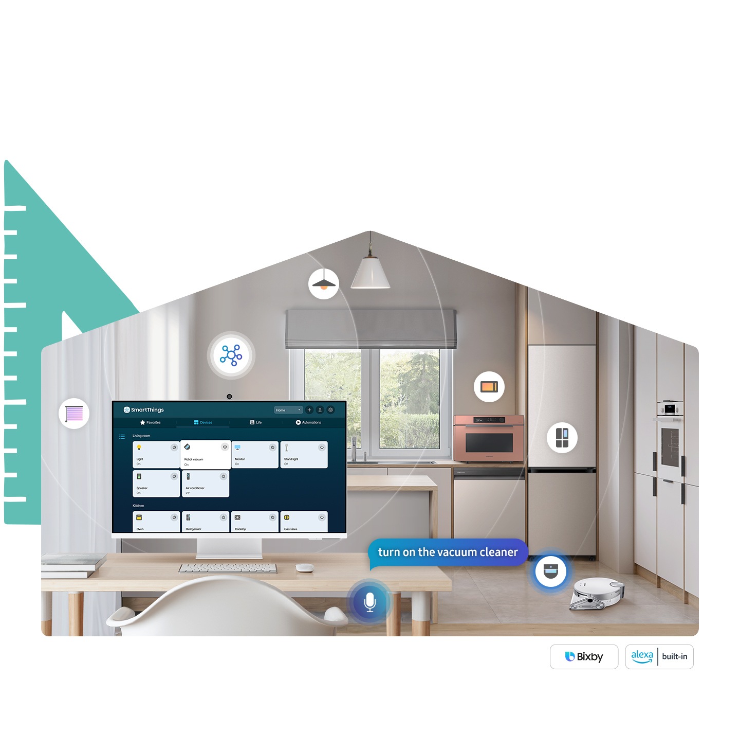 A room contains a desk with a monitor on top, a smart light, a smart curtain, a smart robot vacuum, a smart oven and a smart fridge. An icon representing each item is above each item. And there is a mic, saying "turn on the vacuum cleaner". On the bottom, there are Bixby and Alexa built-in logos.