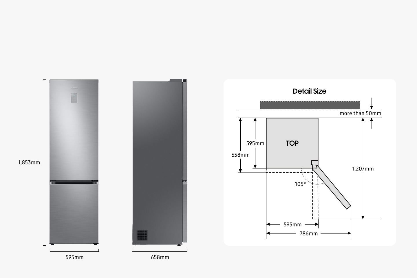 RB7300'ün ön ve yan görünümleri vardır. RB7300, 2030 mm yüksekliğinde, 595 mm genişliğinde ve 658 mm derinliğindedir. RB7300'ün üstten bakıldığında, detay boyutu kapı hariç 595 mm ve kapı dahil 658 mm'dir. Kapı 105°'ye kadar açıldığında, 786 mm genişliğinde ve kapı 90° açıldığında 595 mm ön genişliğindedir. RB7300'ün kapısı 90° açıldığında, ürünün arkasından kapının önüne kadar olan uzunluk 1207 mm olacak ve ürün duvardan 50 mm'den fazla bir boşluk bırakılarak monte edilecektir.