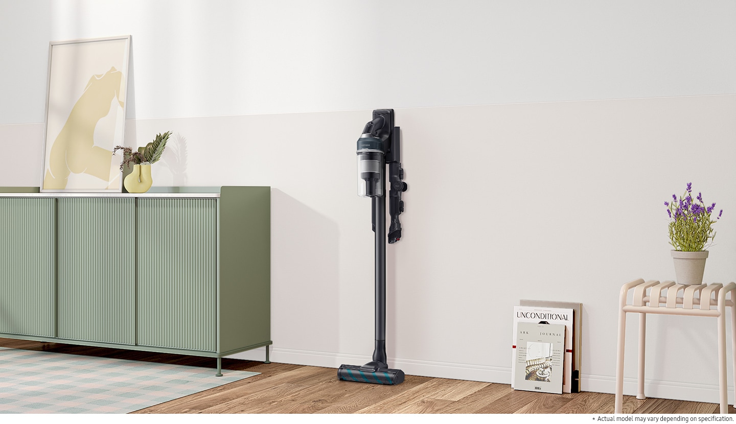 Jet 85 is standing in charging station on the wall of a modern living room. Actual model may vary depending on specification.