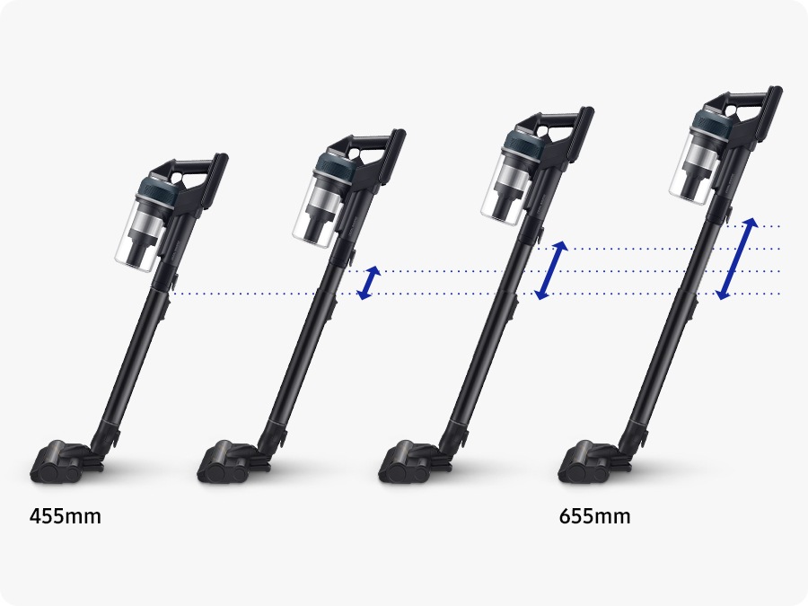 4 Jet 95s stand side-by-side at different height adjustments. Arrows indicate it can be set between 455mm and 655mm.