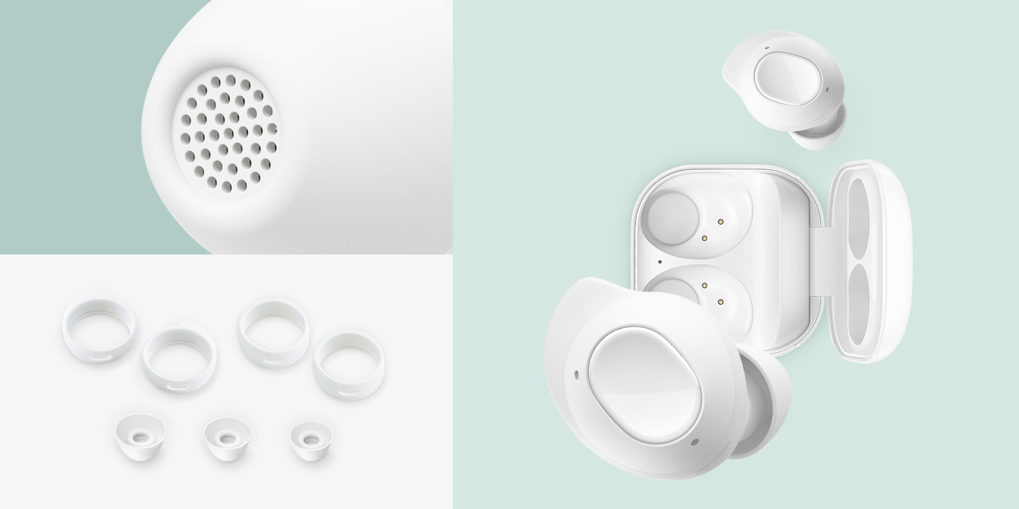 A close-up of the ear tip of Galaxy Buds FE.A flat lay of wing tips and ear tips in different sizes.An open Galaxy Buds FE case with two buds floating outside of the case.