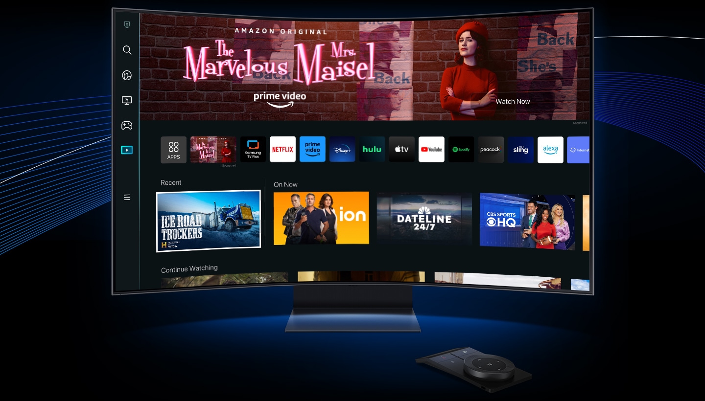 An Odyssey monitor is shown featuring the media home display on the screen, with the Ark Dial placed in front of the monitor.