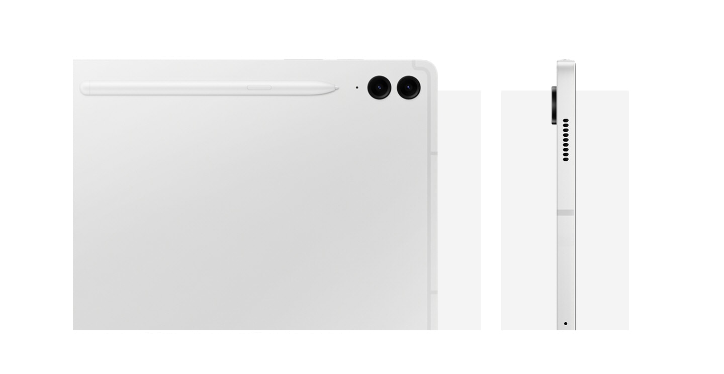 Close-up of the back of Galaxy Tab S9 FE+ in Silver, showcasing the rear design, camera system and attached S Pen. Another Galaxy Tab S9 FE+ in Silver is seen from the side, showcasing the design.