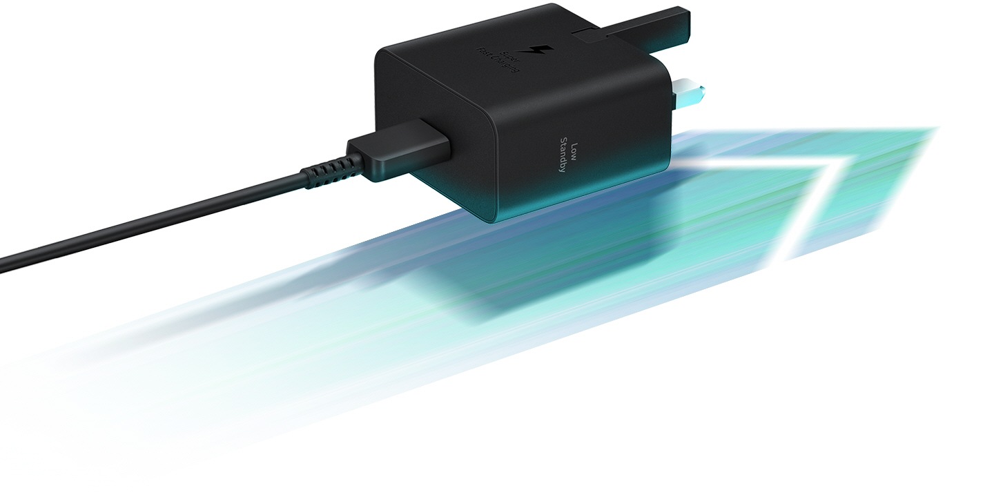A black Power Adapter is seen casting a shadow on an arrow located below it that points to the right, to which the adapter's plug is also aligned.