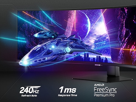 An Odyssey monitor is shown standing on a surface with a spaceship flying away from a nighttime city scene, through a cave, and off the screen. The text around the monitor communicates the specs: “1ms fast response time, 240Hz refresh rate, and AMD FreeSync Premium Pro”.