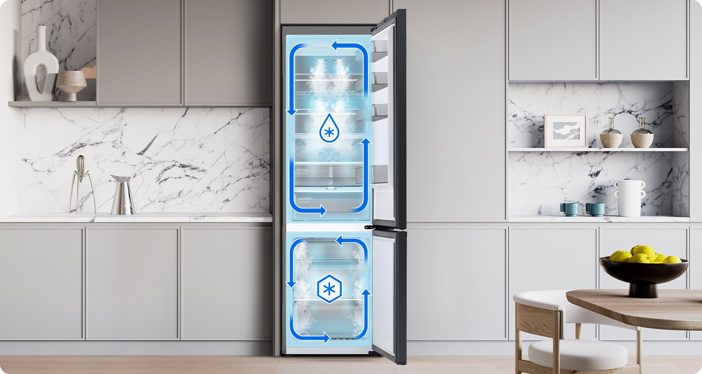 Sistemele Twin Cooling™ ale modelului RB7300, cu spațiu de refrigerare în partea de sus și o cameră de congelare în partea de jos.