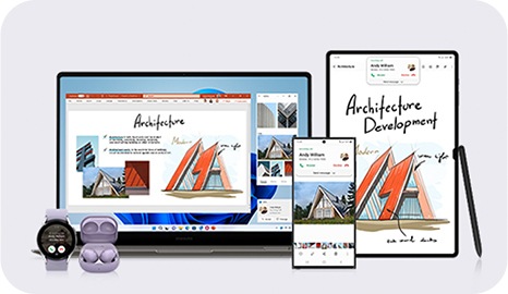Different Galaxy devices can be seen. From the left is Galaxy Watch, Galaxy Buds, Galaxy Book, Galaxy smartphone, Galaxy Tab and S Pen. Some parts of the drawing on Galaxy Tab are on a document displayed on Galaxy Book. Gallery app screen on Galaxy smartphone is displayed on Galaxy Book. On Galaxy Watch, Galaxy Book, Galaxy smartphone and Galaxy Tab, a notification of an incoming call is displayed.