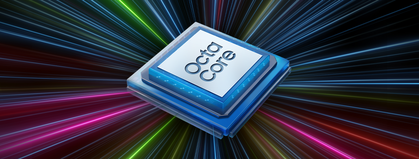 A blue microchip with a white center shows the text 'Octa Core' at the center. Rays of light in various colors converge behind the microchip. 4GB/6GB/8GB Memory, 128GB/256GB Storage.